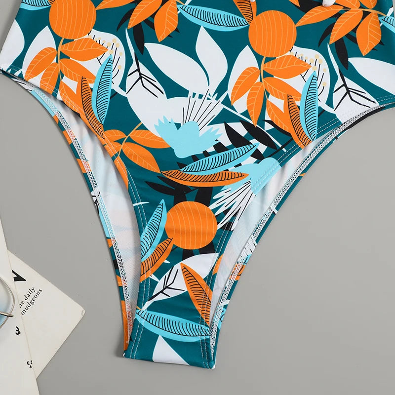 Tropical Print Swimsuit One Piece Knot Side Belted Swimwear Women Padded Bathing Suit Female Swimming Summer Beachwear