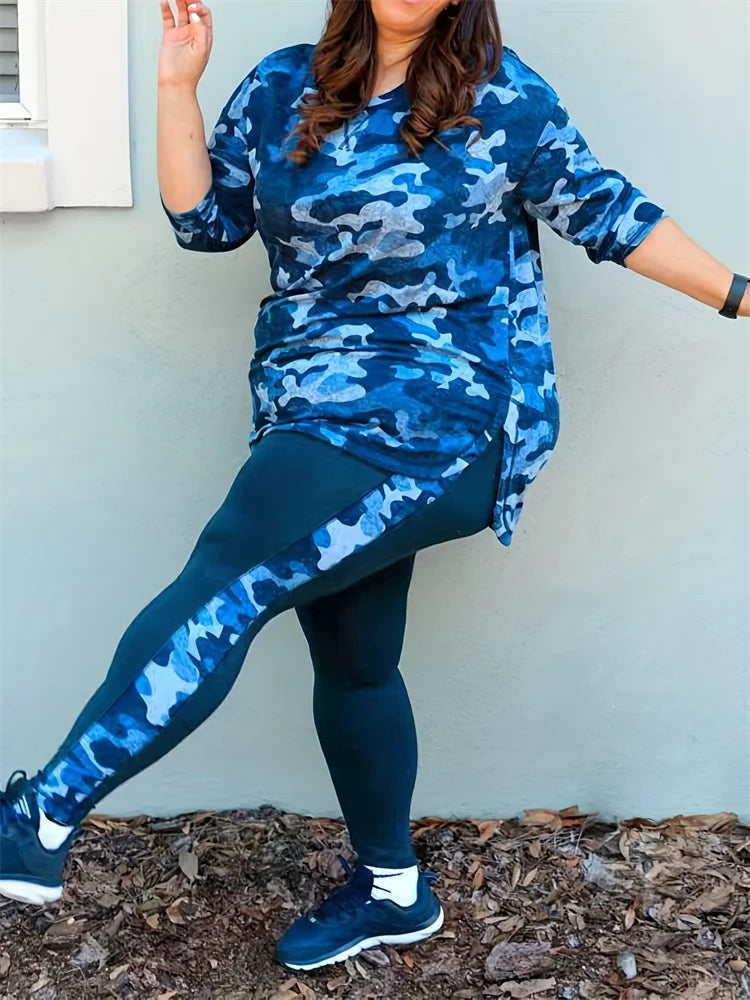 Wmstar Plus Size Women Clothes Camouflage Printed Stretch Long Sleeve Shorts Fashion Casual Two Piece Set