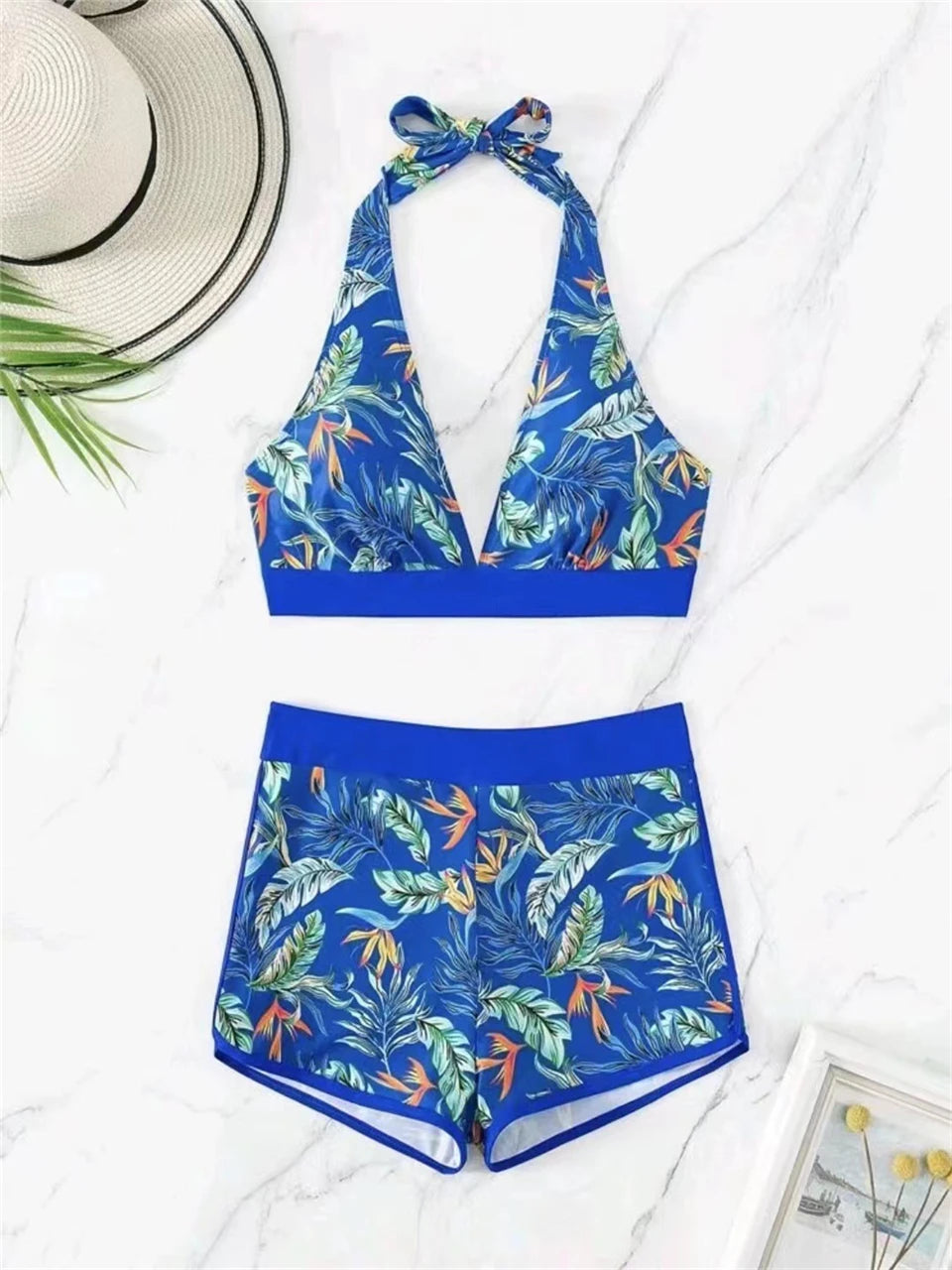 Halter Bikini Women High Waist Swimwear Female Swimsuit Leaf Printed Beachwear Bathing Swimming Suit Summer Beachwear