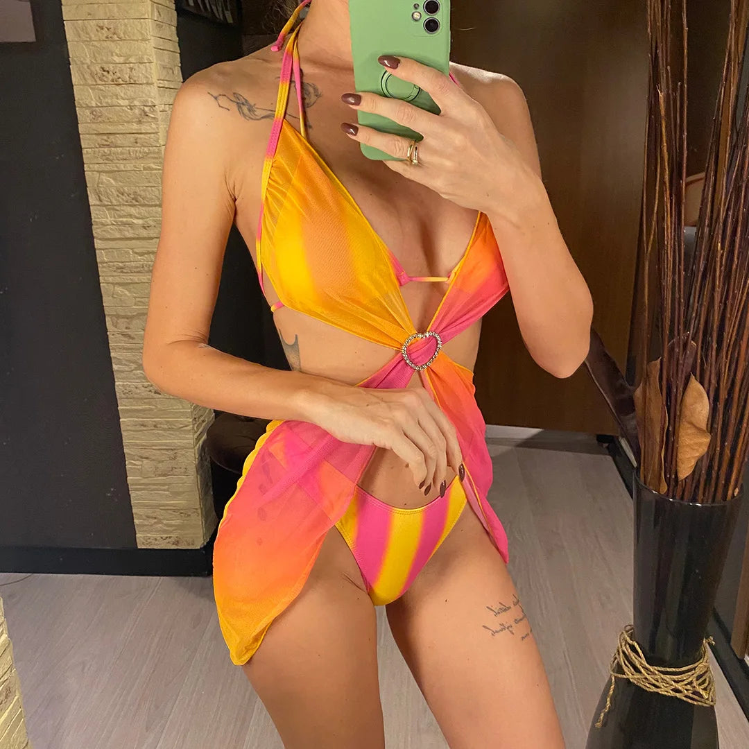 With Dress Tie Dye Striped Bikini Female Swimsuit Women Swimwear Three-pieces Bikini set Bather Bathing Suit Swim