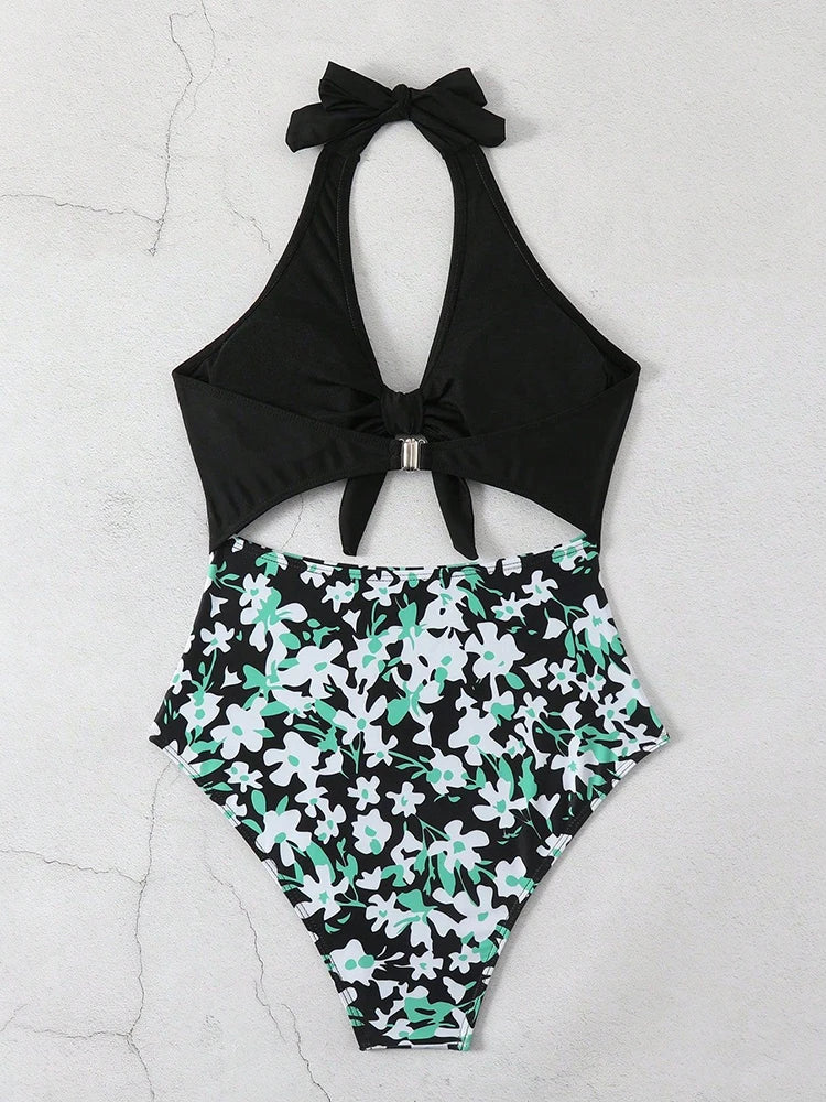 Swimsuit One Piece Bikini Style Women Neck-mounted Lace Up High Waisted Print Show Waist Bodysuit Summer Swimwear