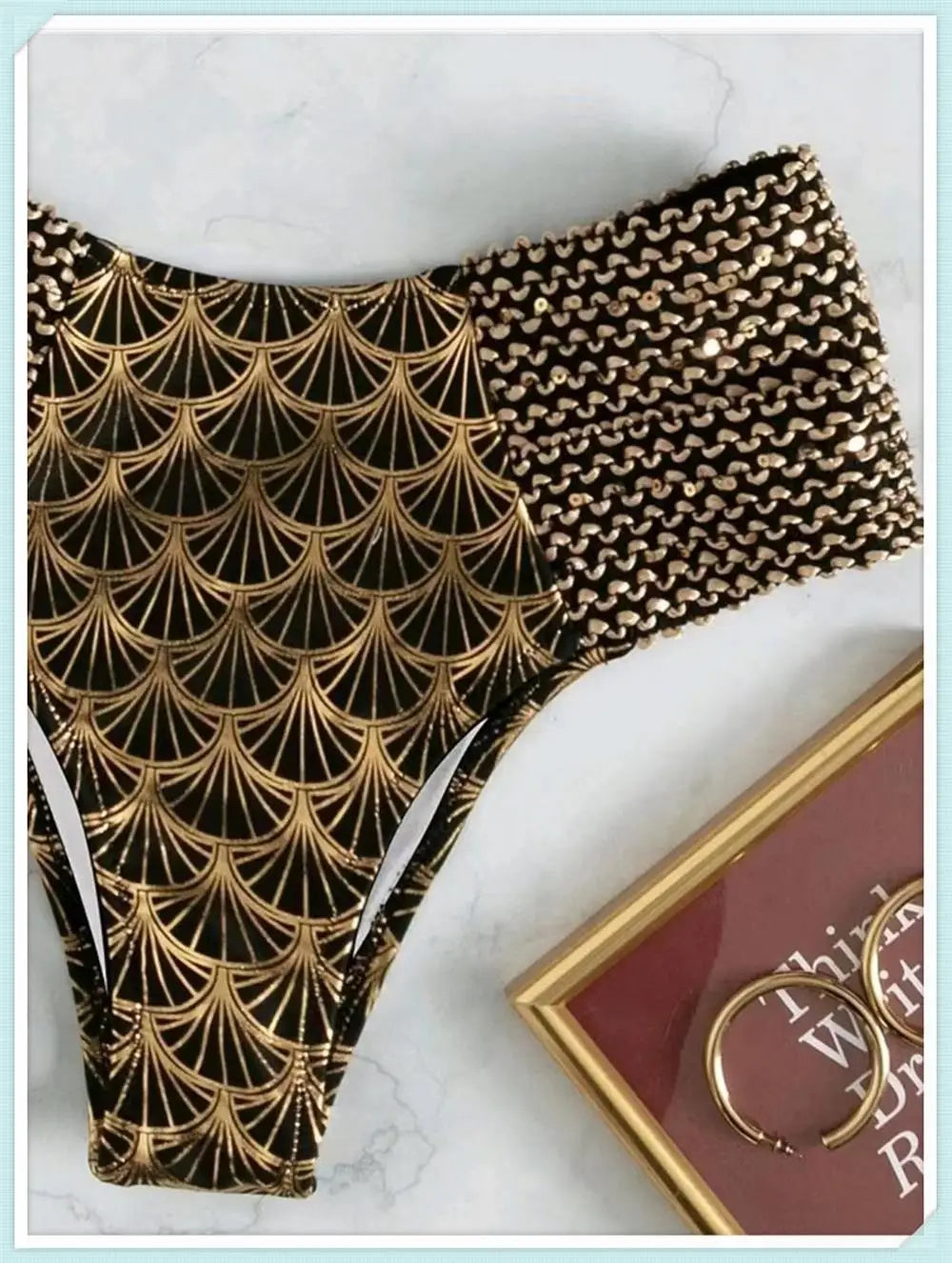 Metallic Stitch Strap Bikini Women Push Up Gold print Swimsuit Female High Waist Swimwear Bathers Bathing Suit Beachwear