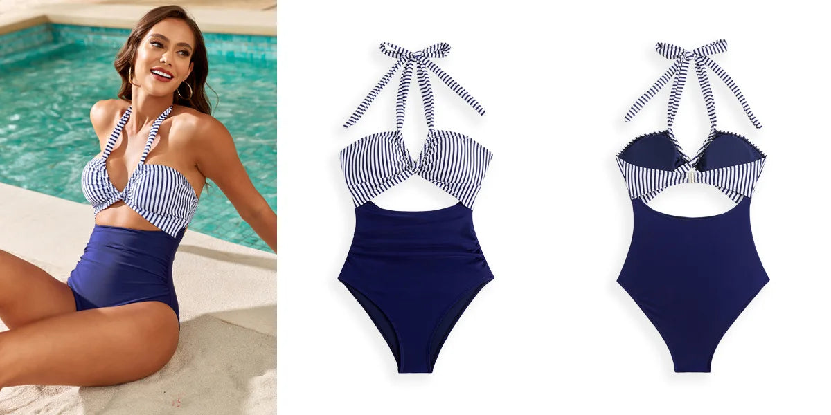 Women One-piece Bikini Female Neck Swimsuit Sling Backless Swimwear Summer Tight Cross Push Up Beach Bathing Suit