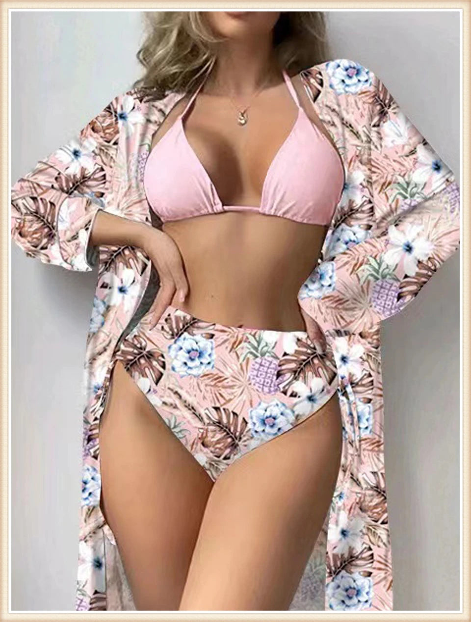 Lace Up Bikinis & Cover Up Long Sleeve Swimwear Women 3-Piece Print Swimsuit Summer Beach Bathing Suit Female Swimming Wear
