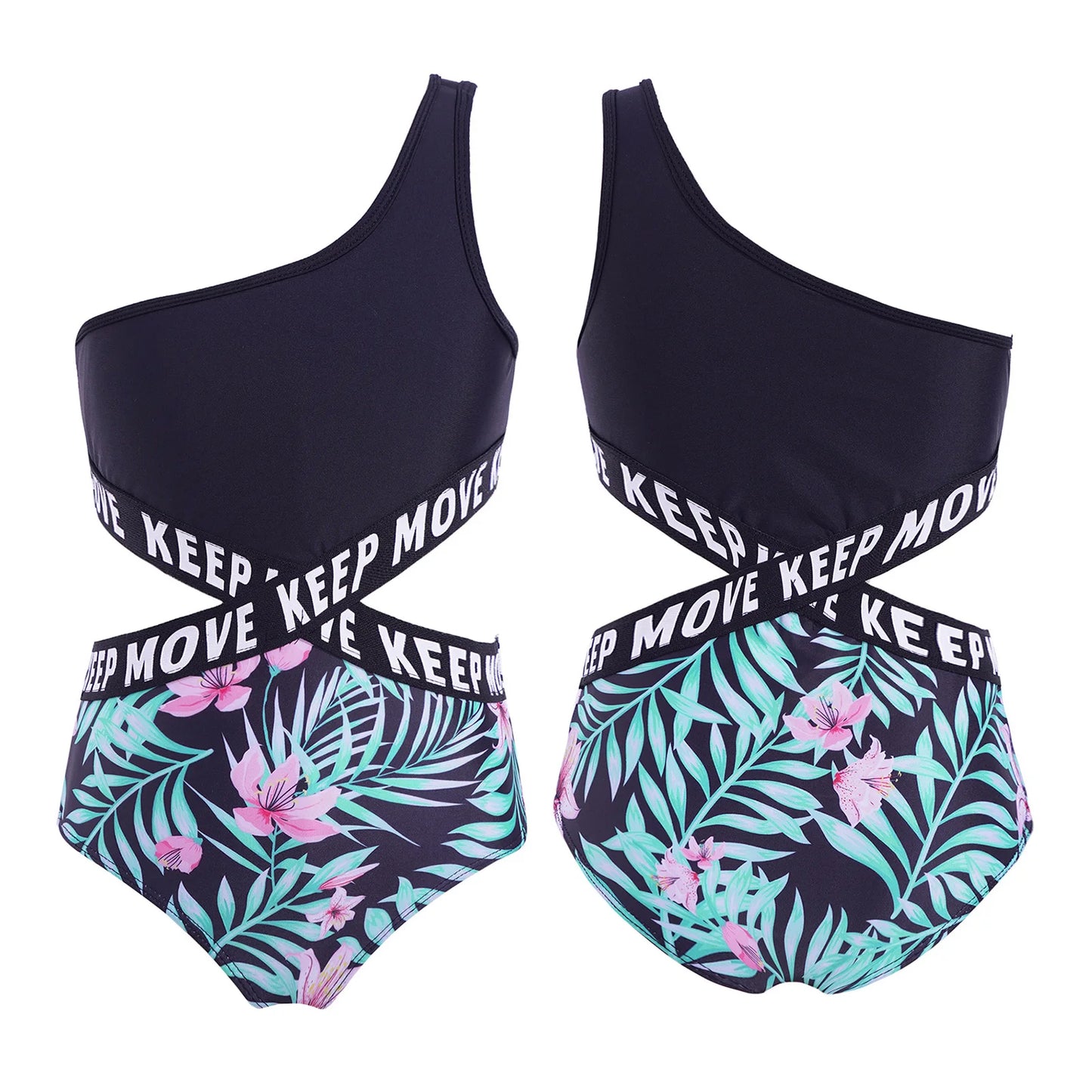 Kids Girls Hollow Out One-piece Swimwear Single Shoulder Letter Print Bodysuit Swimsuit Pool Bathing Suit Beachwear Sportswear