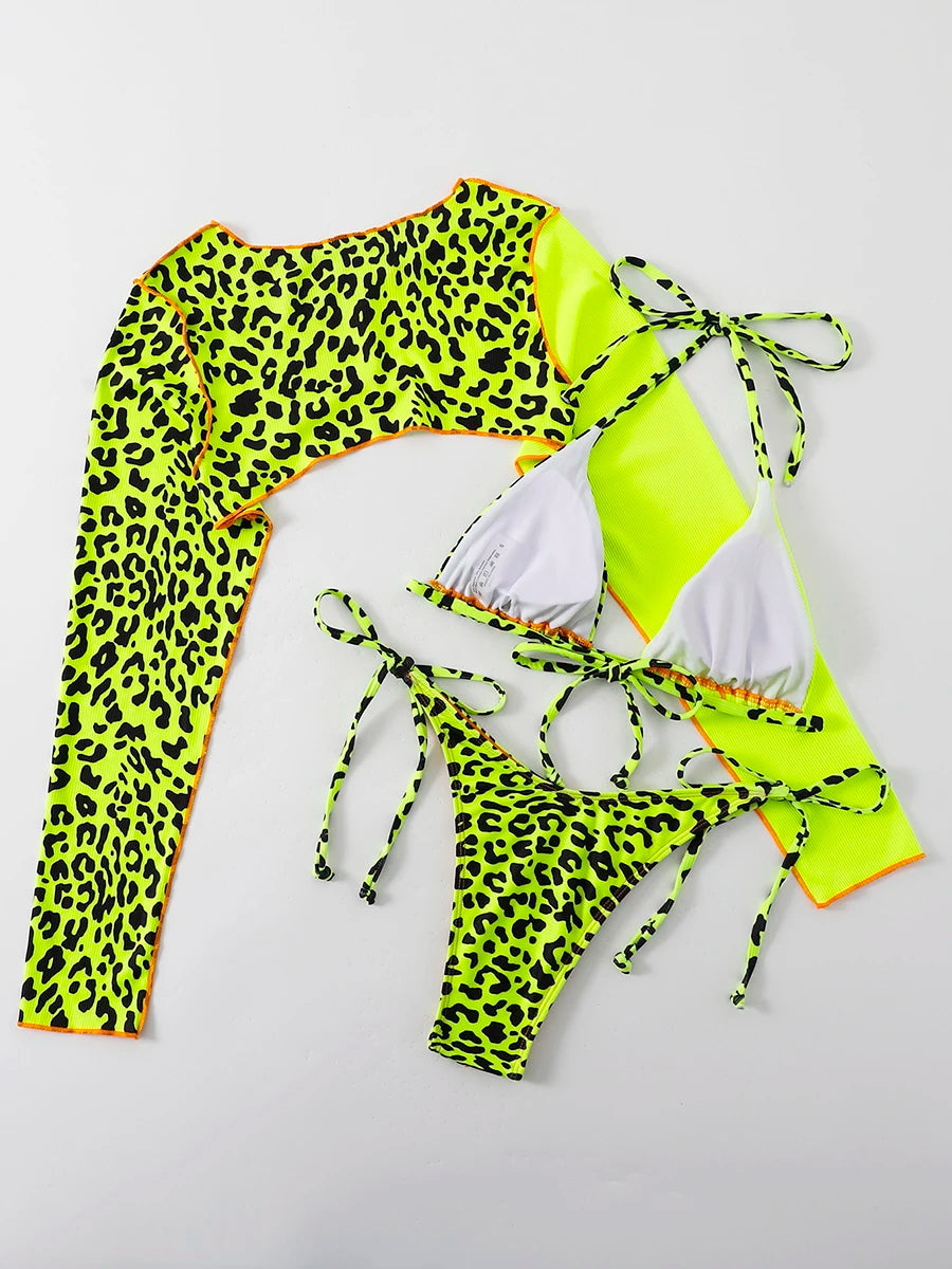 Leopard Halter Triangle Bikini Women Long Sleeve Swimsuit Swimwear Female Bathers Bathing Suit Swimming Beachwear