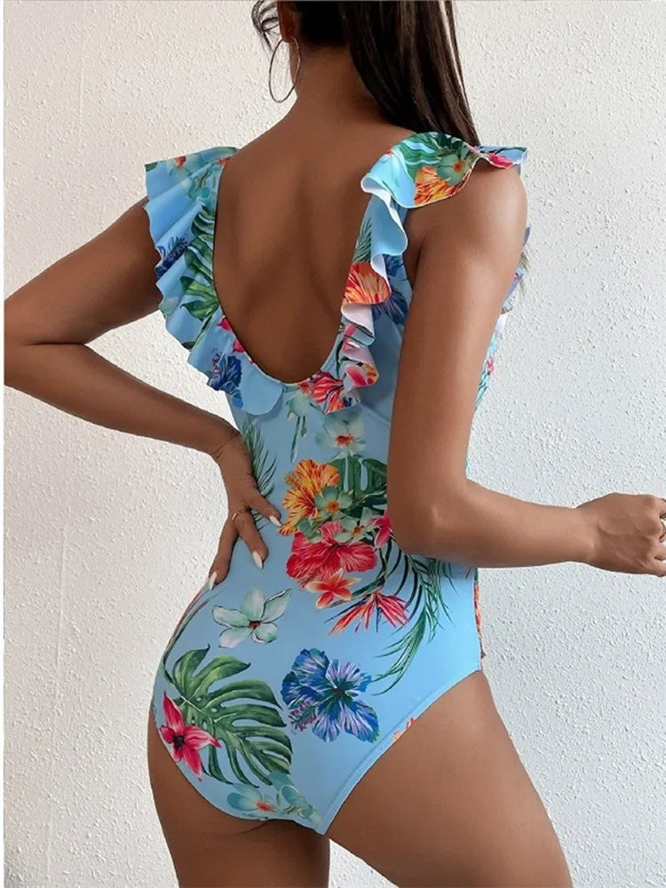 One Piece Swimsuit Women Swimwear Vintage Bathing Suit Shoulder Ruffle Swimming Suit Backless Monokini
