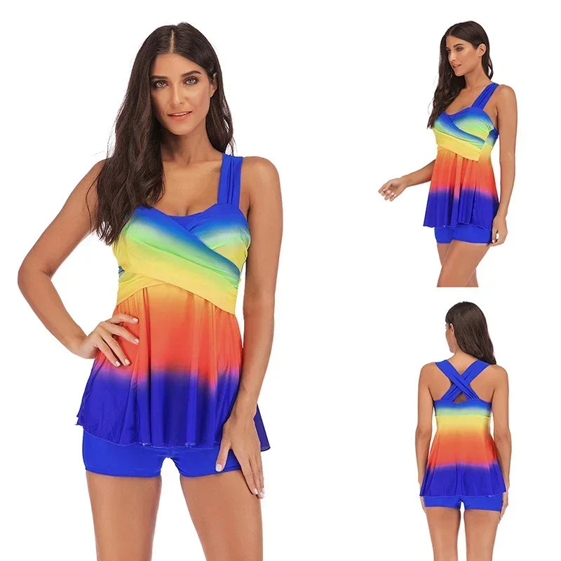 Skirt style swimsuit gradient rainbow print Suits Swimwear Swimsuit Women Summer Tankini Sets Swimming Bathing Suit