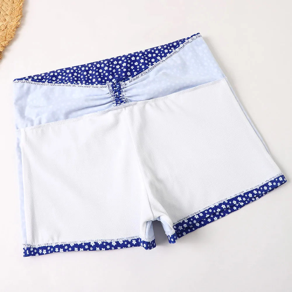 High Waist Bikini Swimsuit Women Floral Print Swim Suits Drawstring Front Shorts Boxers Swimwear Trunks Pool Bathing Suit
