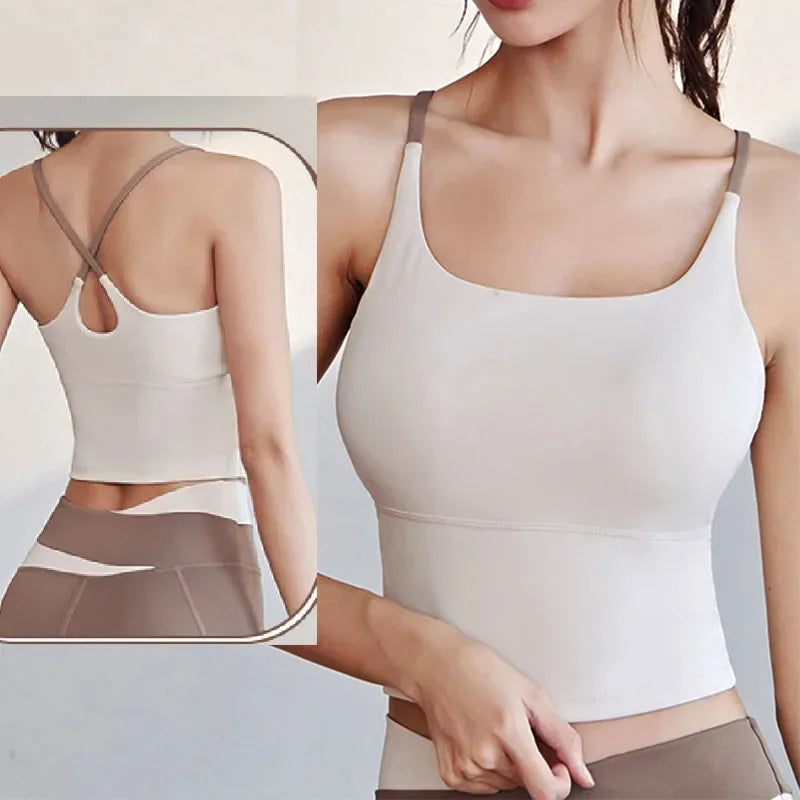 PofyBofy Build-in Bra Yoga Crop Top Sleeve Gym Tank Top Women Workout Bra Tanks Fitness Bra Tanks Yoga Crop Tops Crisscross Back