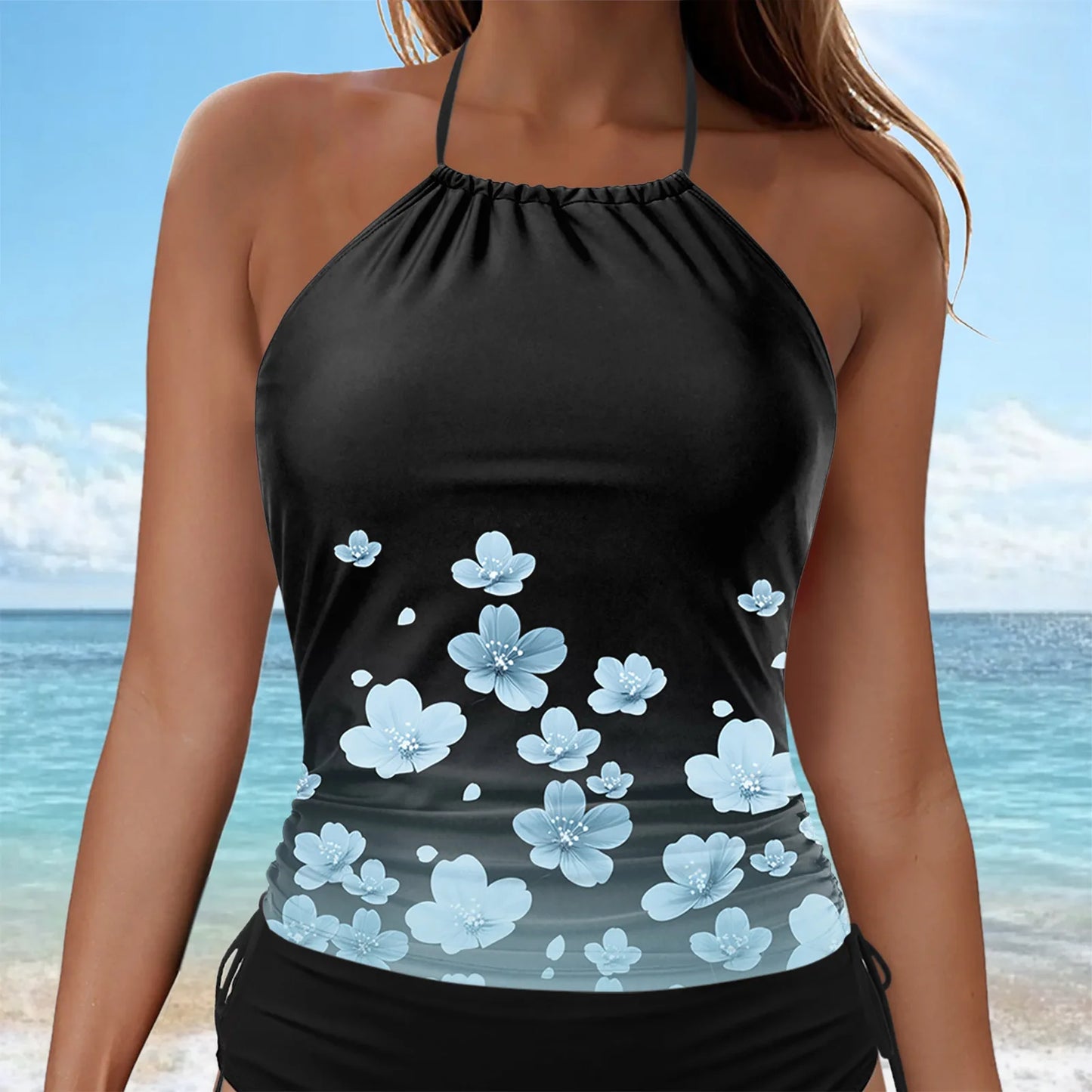 Women's Leaf Print Tankini Swimwear Summer Backless Hanging Neck Suspender Tops Mid Waist Side Drawstring Conservative Shorts