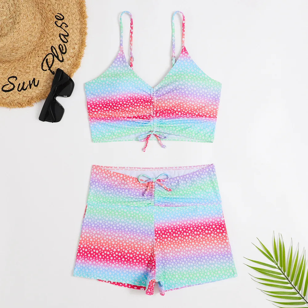 High Waist Bikini Swimsuit Women Floral Print Swim Suits Drawstring Front Shorts Boxers Swimwear Trunks Pool Bathing Suit