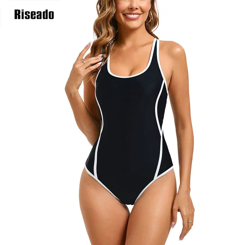 Women's Cross Knot One Piece Swimsuit Navy Fitness Beachwear Bathing Suit Tummy Control Pool Bathers