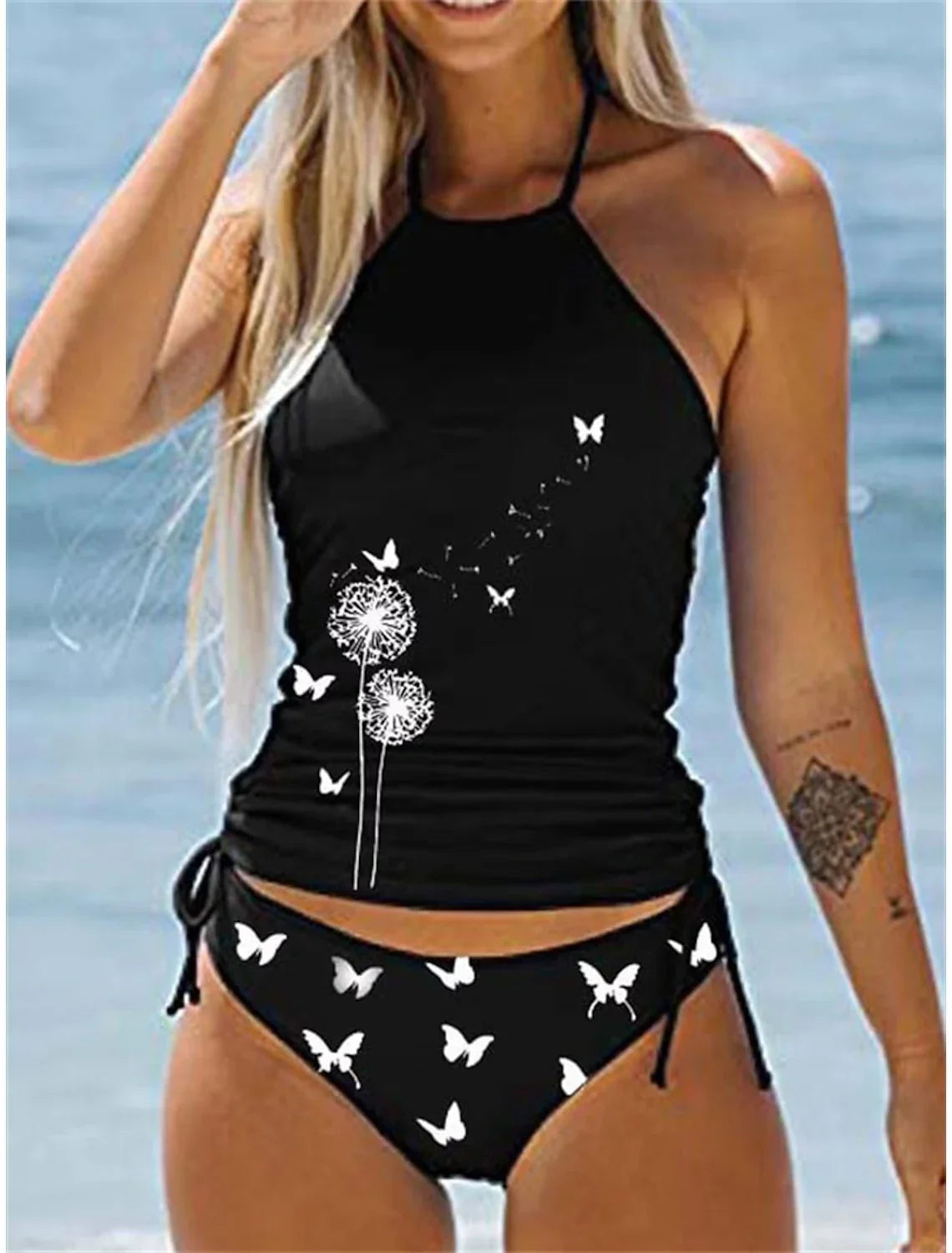 Women's Double Strap Swimsuit Comfortable Vacation Beach Tankini Short Dandelion Print Bikini S-6XL