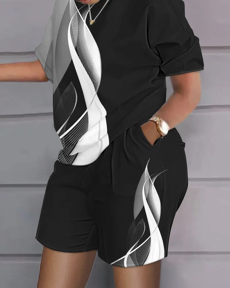 Women Casual Short Sleeve Two Piece Sets Womens Outifits Summer Letter Printed Pocket Suit Female T-shirt Shorts Matching Sets