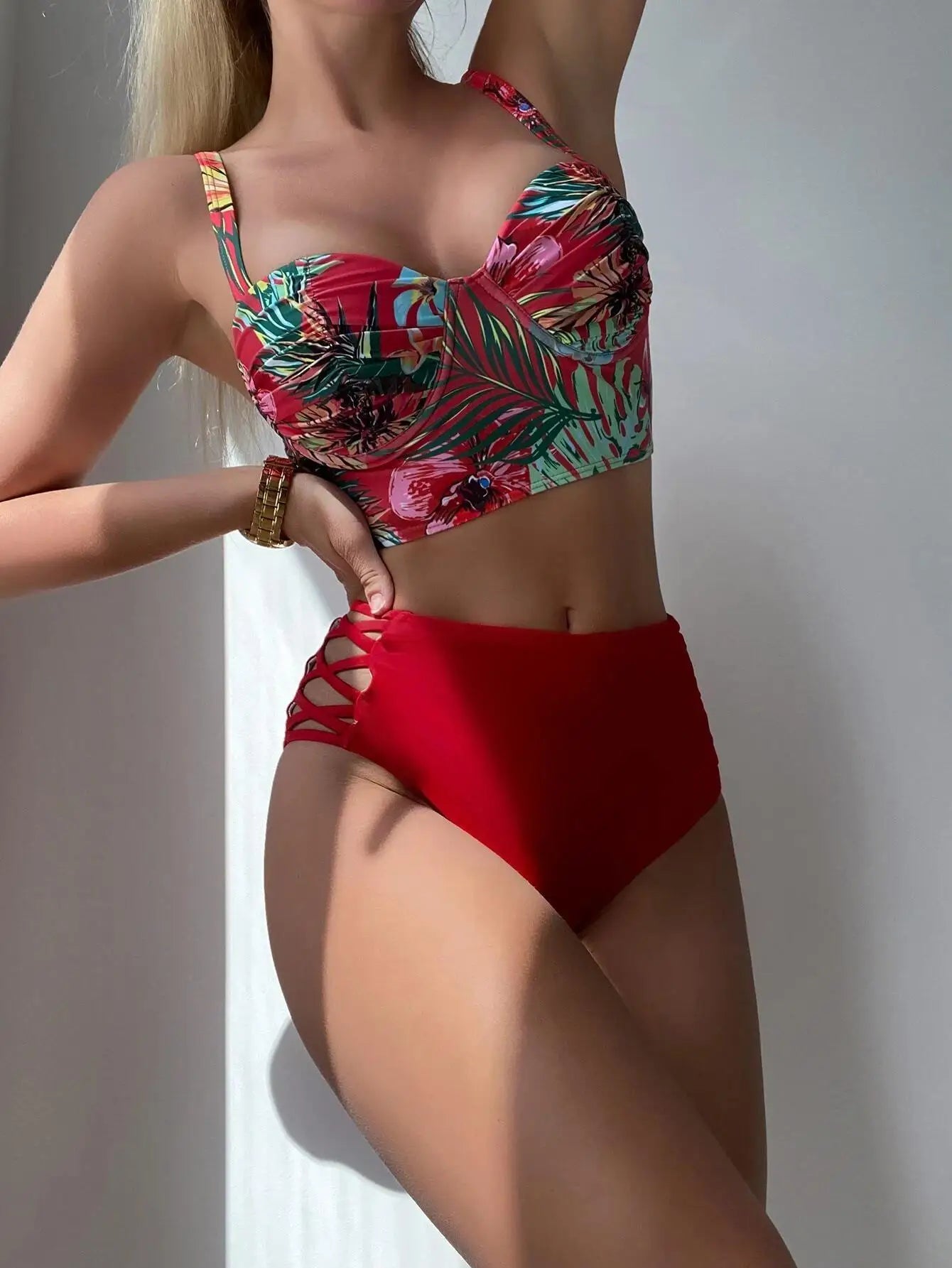 Cikini-Tropical Print Criss Cross Push Up Bikinis Set, High Waist Split Swimwear, Summer Swimsuit, Bathing Suit for Women, 2 Pcs