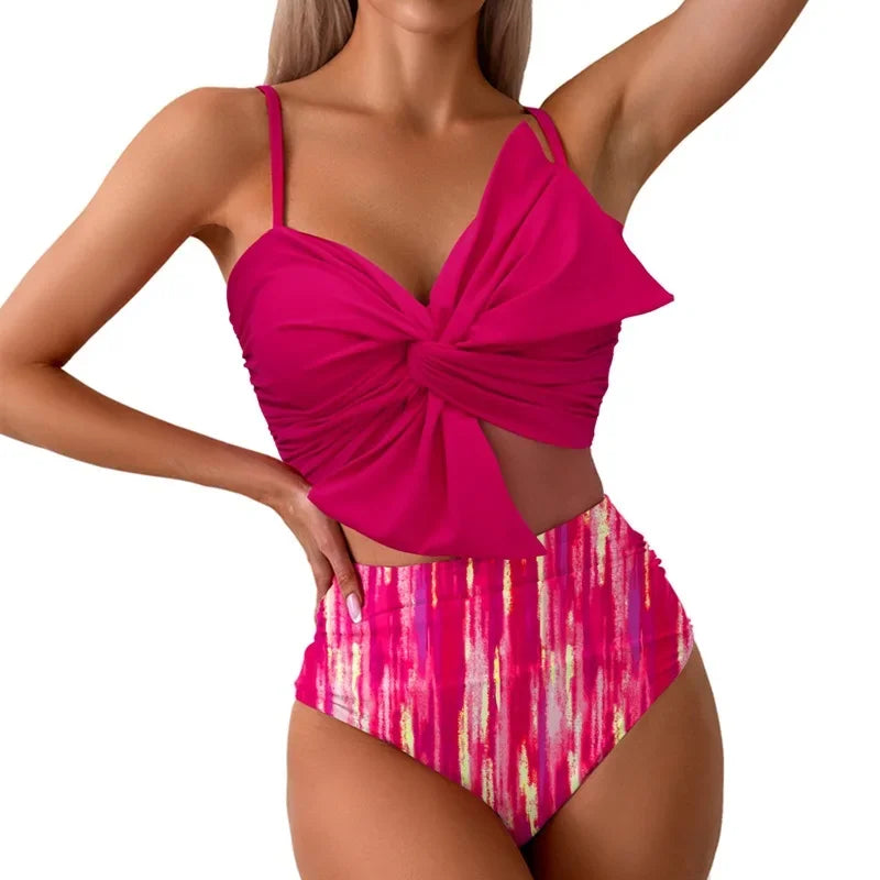 Women Flower Printed Separated Bikini Set Fashion Bow Tie Style High Waist Swimwear Shorts Beach Wear