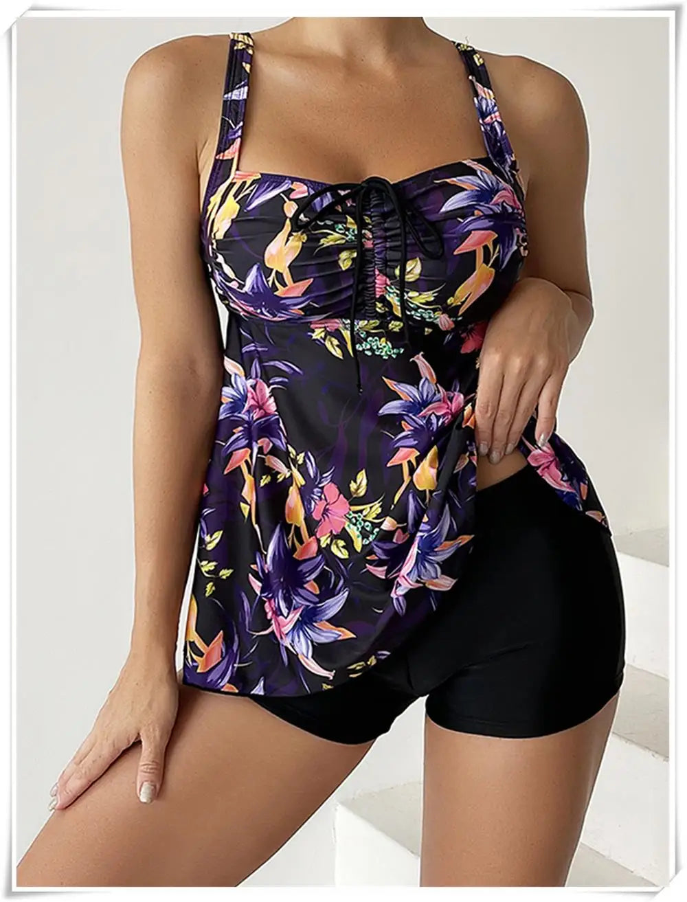 Drawstring Tankini Set Two Piece Swimsuit Short Women Floral Printed Swimwear Female Bathing Suit Beachwear Swimming
