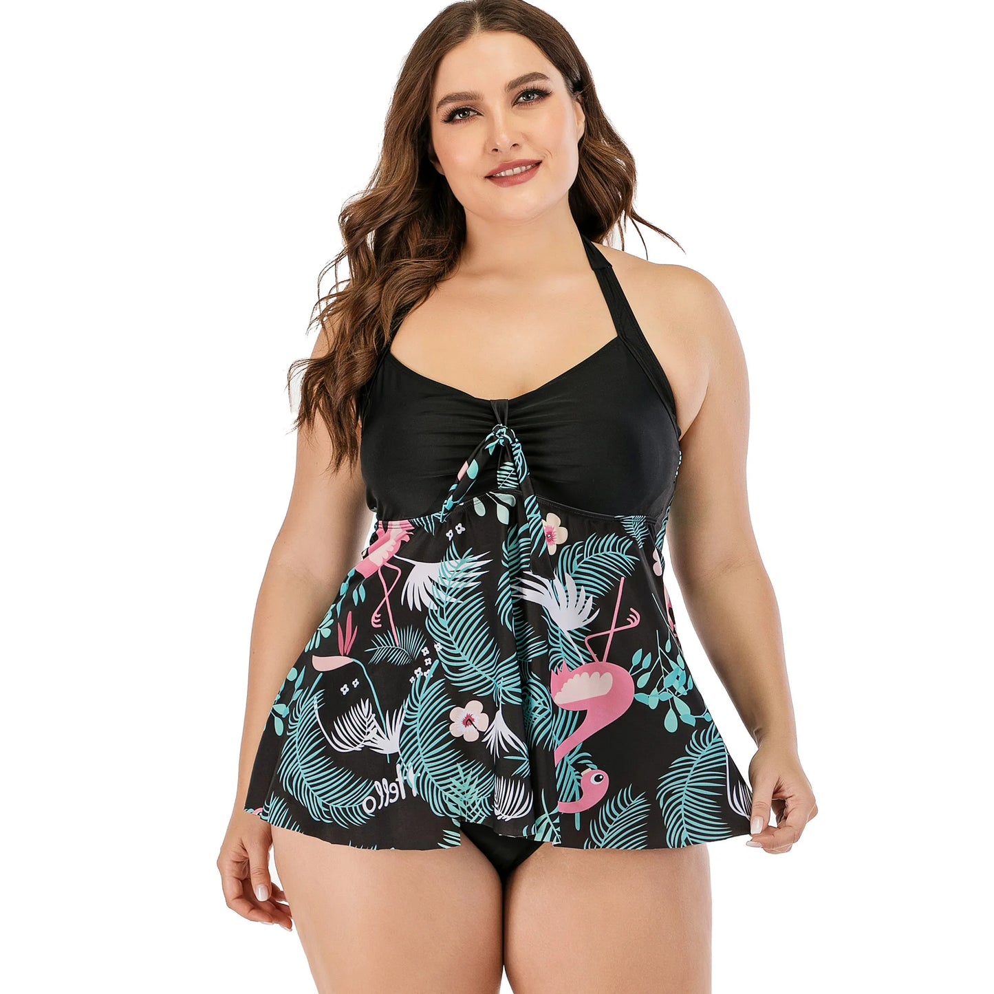 Flaming Tropical Print 2 Piece Plus Size Tankini Set Women Halter Curvy Dress Swimsuit High Waist Beach Lady Big Bathing Suit