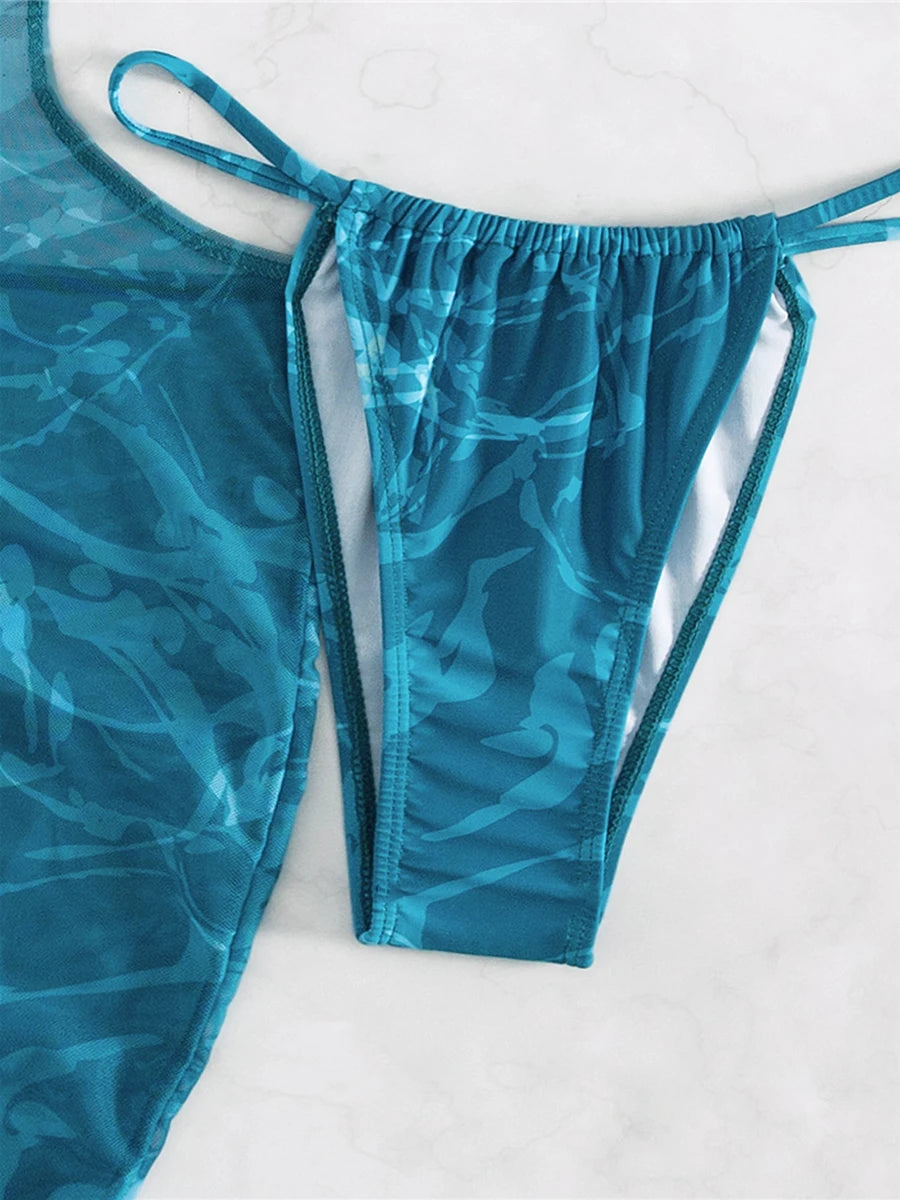 Print Halter String 3 Piece Bikini Triangle Swimsuit Women Swimwear Female Bather Bathing Swimming Swim Suit Beachwear