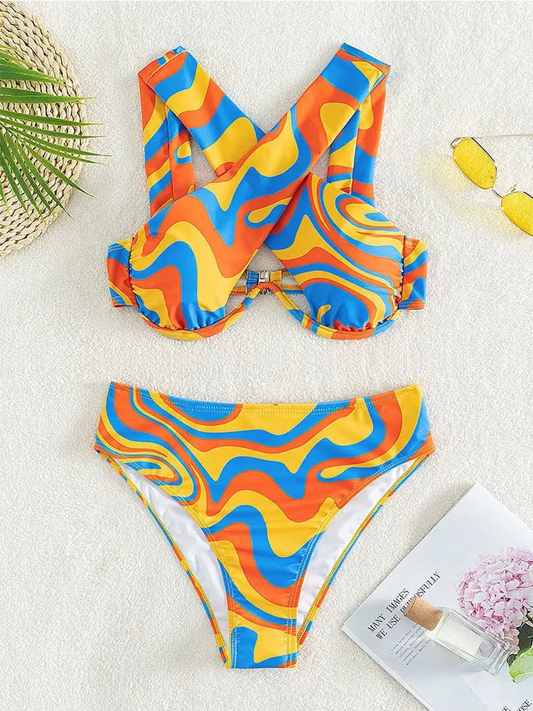 Underwire Bikini Set Women Orange Wave Designer Halter Cross High Waist Swimsuit Summer Bathing Suit 2 Piece Swimwear
