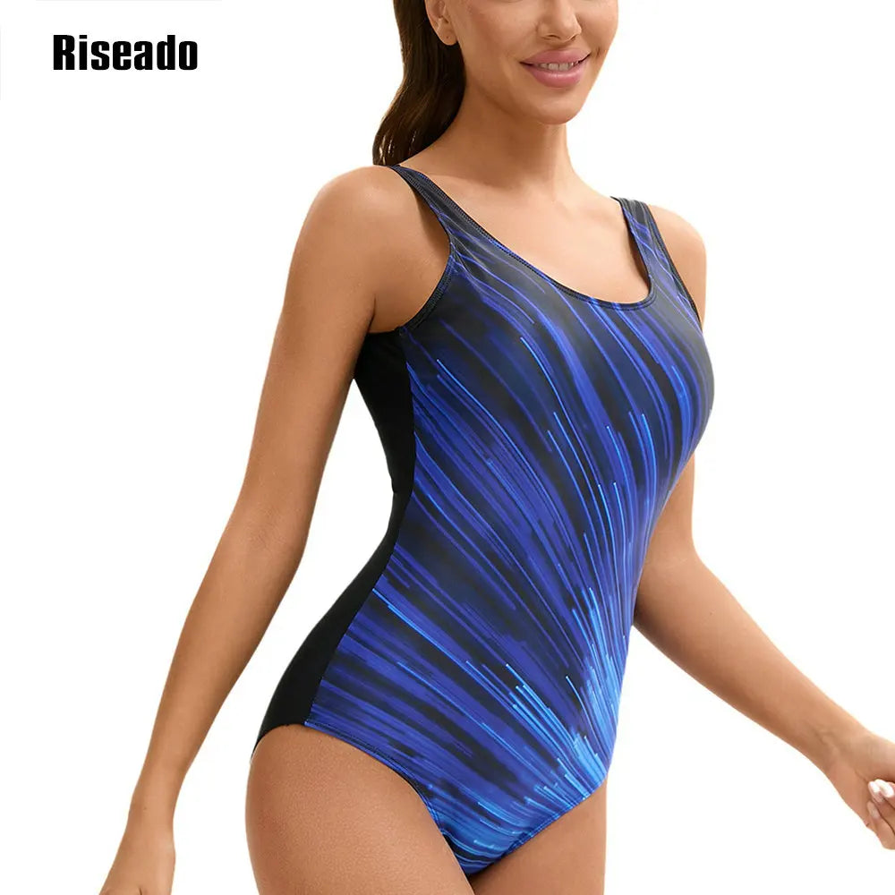 One Piece Swimsuit Women U Back Color Block Print Bathing Suits Athletic Modest Swimwear