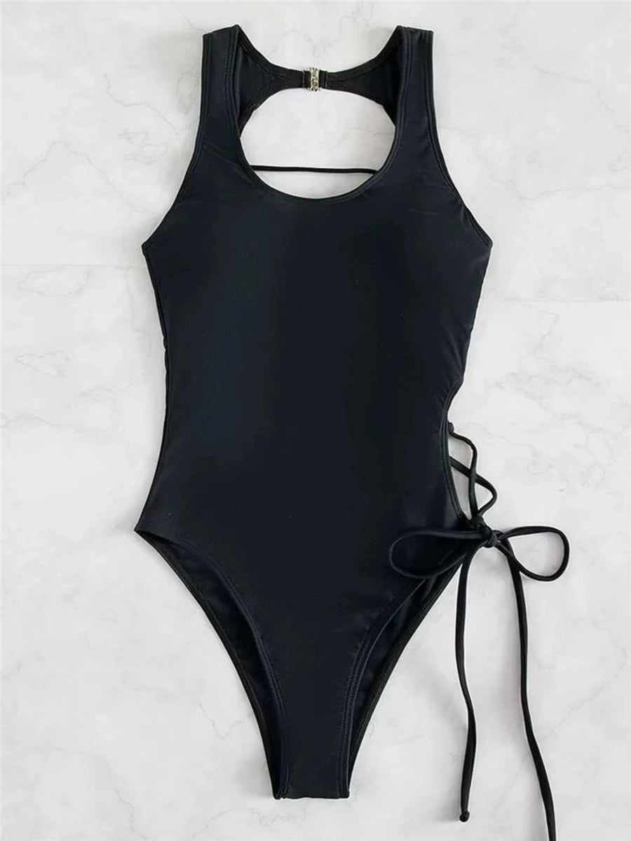 Lace Up Back Swimsuit One Piece Printed Swimwear Women Backless Bathing Swimming Suit Female Padded Beachwear Bodysuit