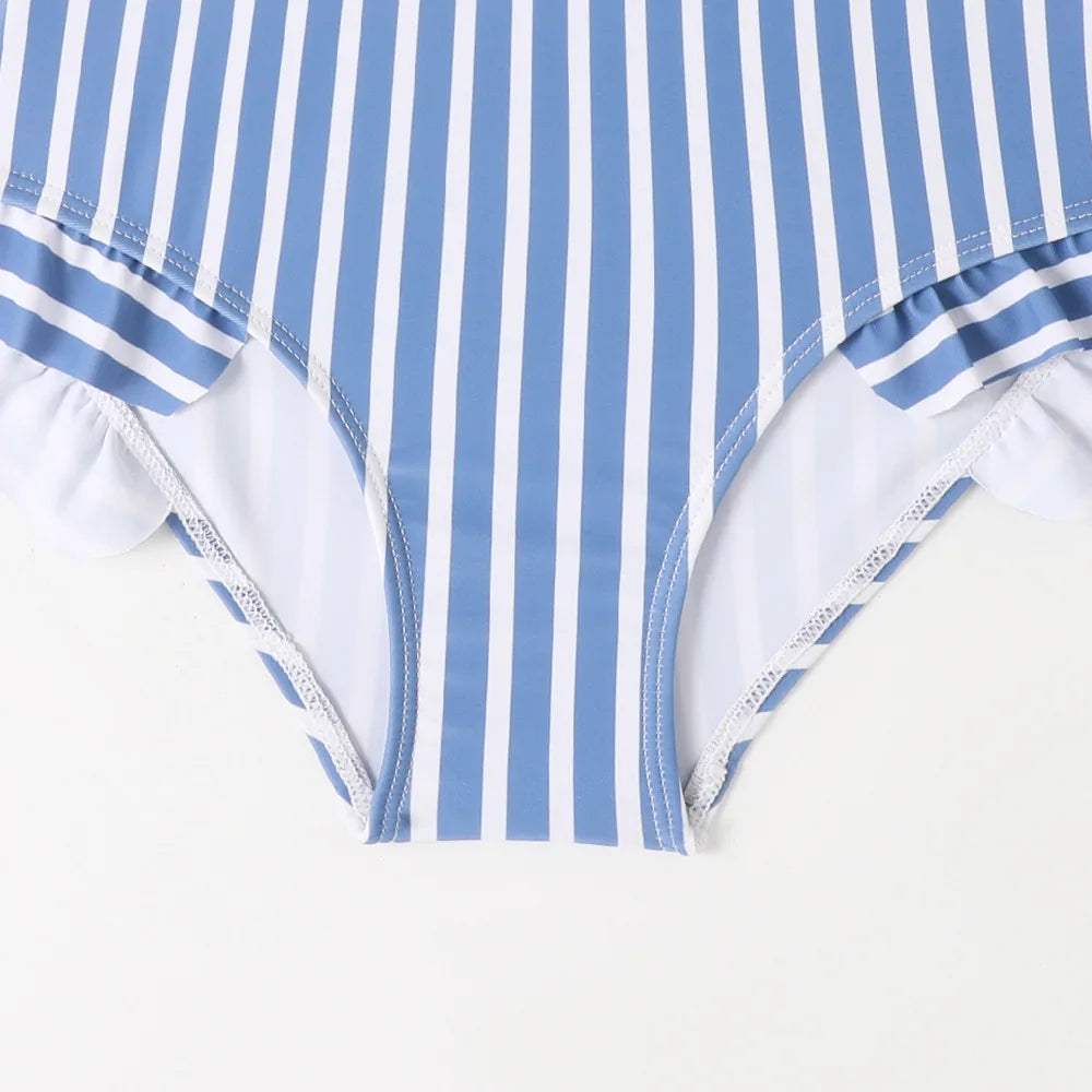 Teenage Girls Striped Ruffle One Piece Swimsuit 7-12 Years Retro Children's Swimwear Teens Bathing Suits for Kids Beachwear