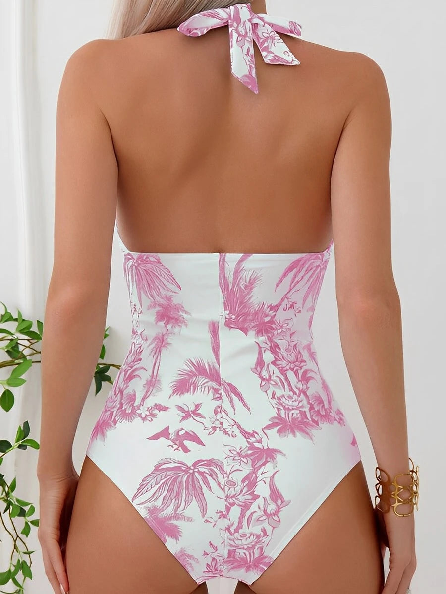 Ruched Halter Swimsuit One Piece Swimwear Women Bathers Bathing Swimming Swim Suit Female Beachwear