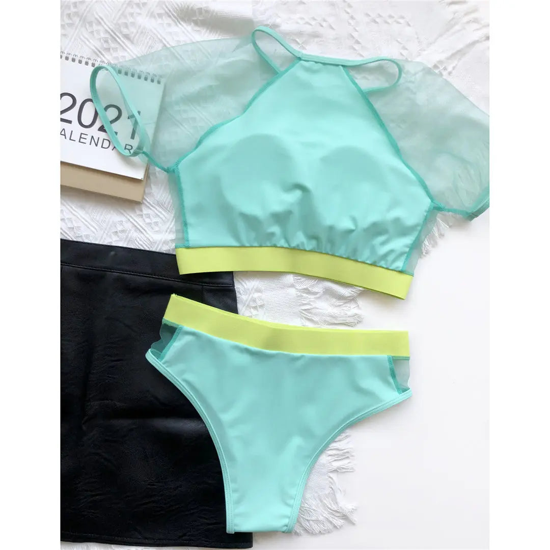 Neon Colours Short Sleeve Mesh High Waist Bikini Women Bikini Sets