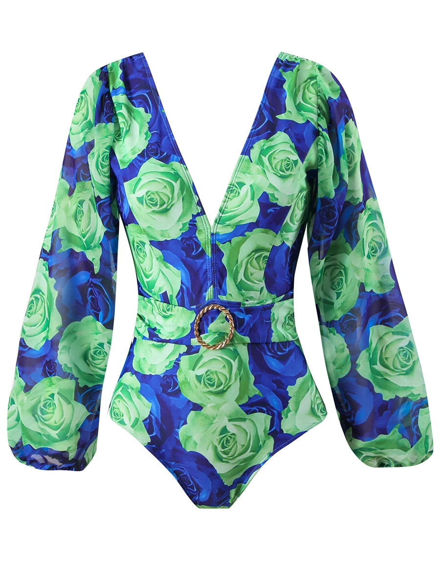 Rose Print V Neck Long Sleeve Swimsuit Women One Piece Swimwear Female Beachwear Bathers Bathing Swimming Swim Suit
