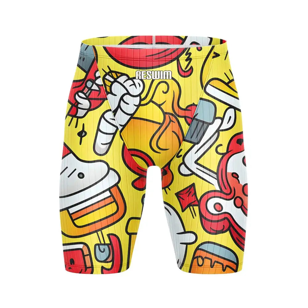 Reswim Summer Men's Print Jammer Swimsuit Swim Tight Shorts Swimming Trunks GYM Training Pants Quick Dry Swimwear Beach Surfing Jammers