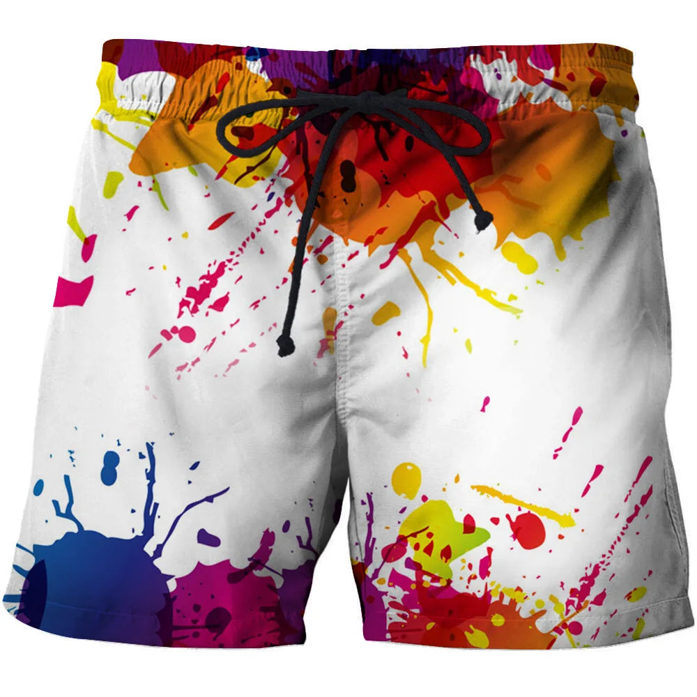 Paint Splat Design Summer Men's Shorts Quick Drying Hawaii Holiday Sports Swimming Trunks Fashion 3D Coconut Tree Printed Loose Sports Shorts 6XL