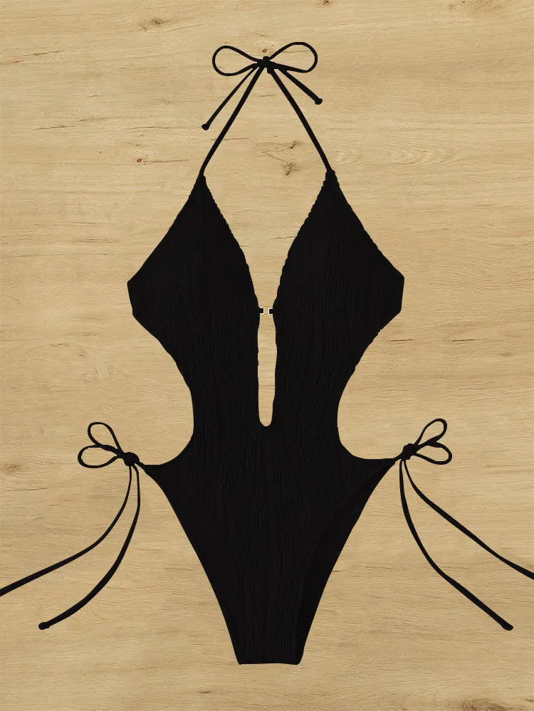 Cikini-Cut Out Tie Side Halter Swimsuit for Women, Monochromatic, Beach Swimwear, Bathing Suit, Summer
