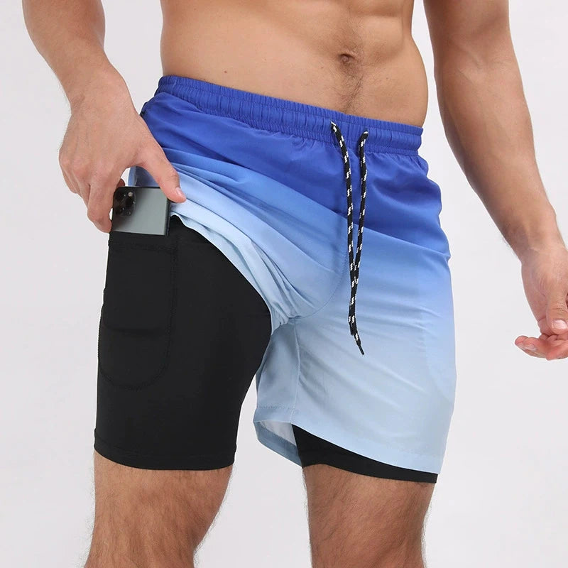 Summer Men's Surfing Swimwear Short Pants Fitness Exercise 2+1 Double Layer Beach Printed Shorts Male Sports Clothing