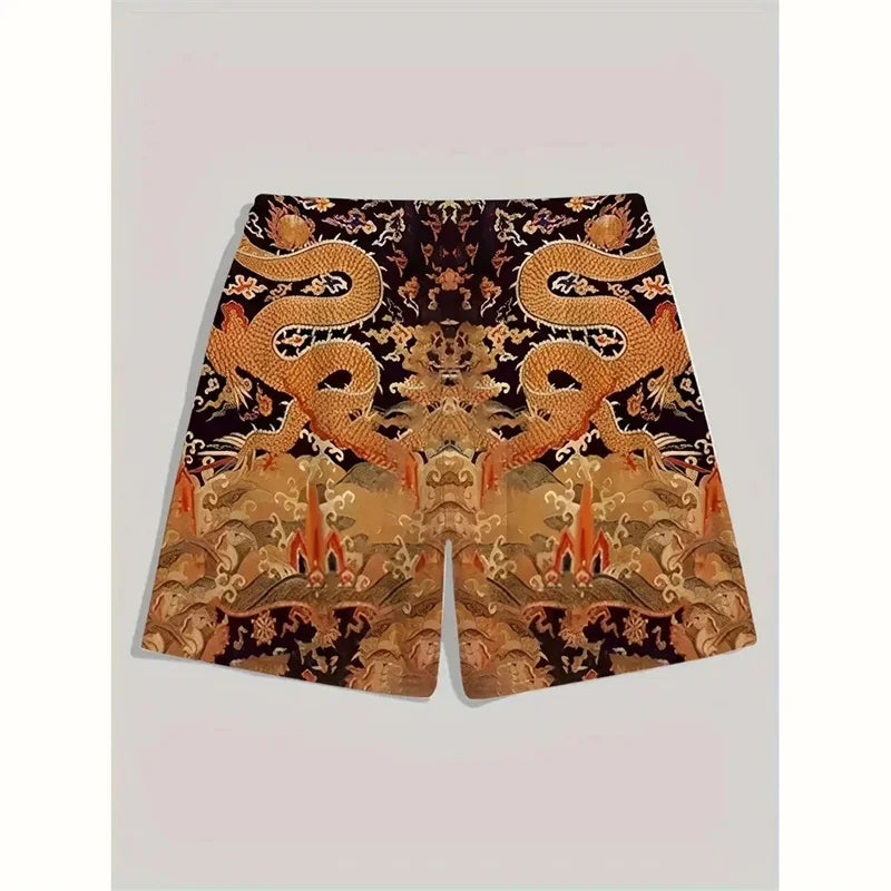 Flowers & Dragon Designs 3D Printed Colorful Neon Short Pants For Men Dragon Landscape Pattern Beach Shorts Summer Casual Street Breathable Swim Trunks