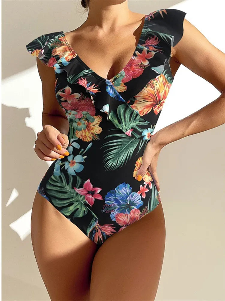 One Piece Swimsuit Women Swimwear Vintage Bathing Suit Shoulder Ruffle Swimming Suit Backless Monokini