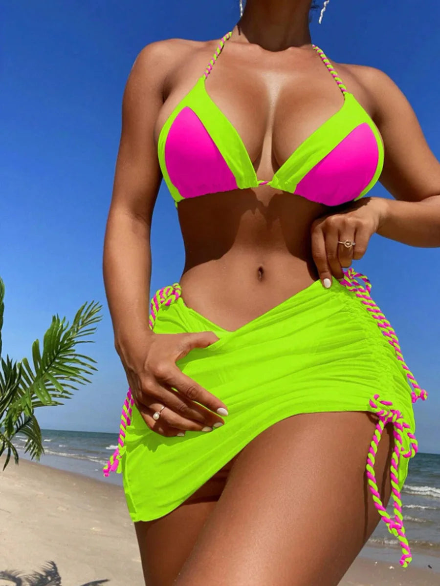 Women's 3-Piece Halter Bikini Set with Drawstring Skirt