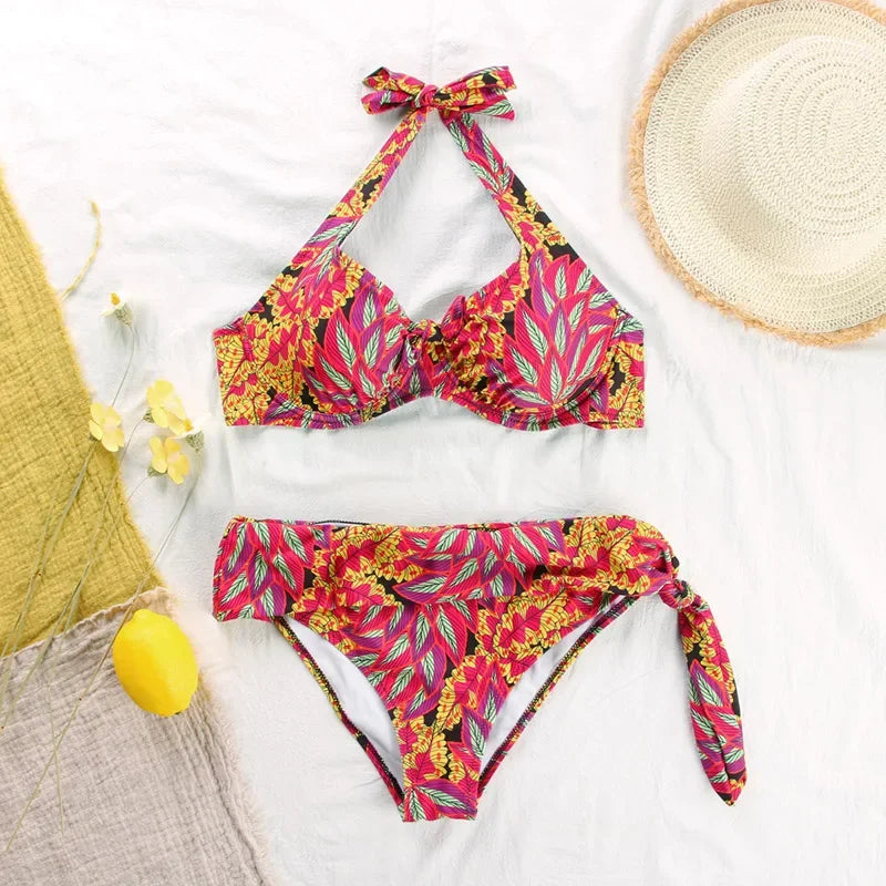 Push Up Bikinis Swimsuit Female Beachwear Floral Print Swimwear Women Bathing Suit High Waist Bikini Sets