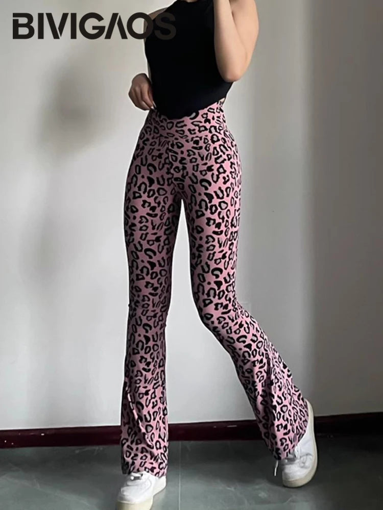 BIVIGAOS Spring Summer Leopard Print Flared Leggings Women Sharkskin High Waist Tight Sport Pilates Fitness Horseshoe Pants
