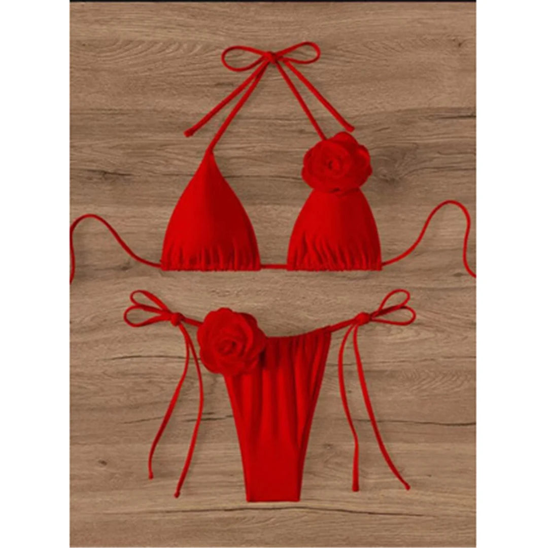 S - XL 3D Flowers Halter Strappy Bikini Women Swimwear Female Swimsuit Two-pieces Bikini set Bather Bathing Suit Swim