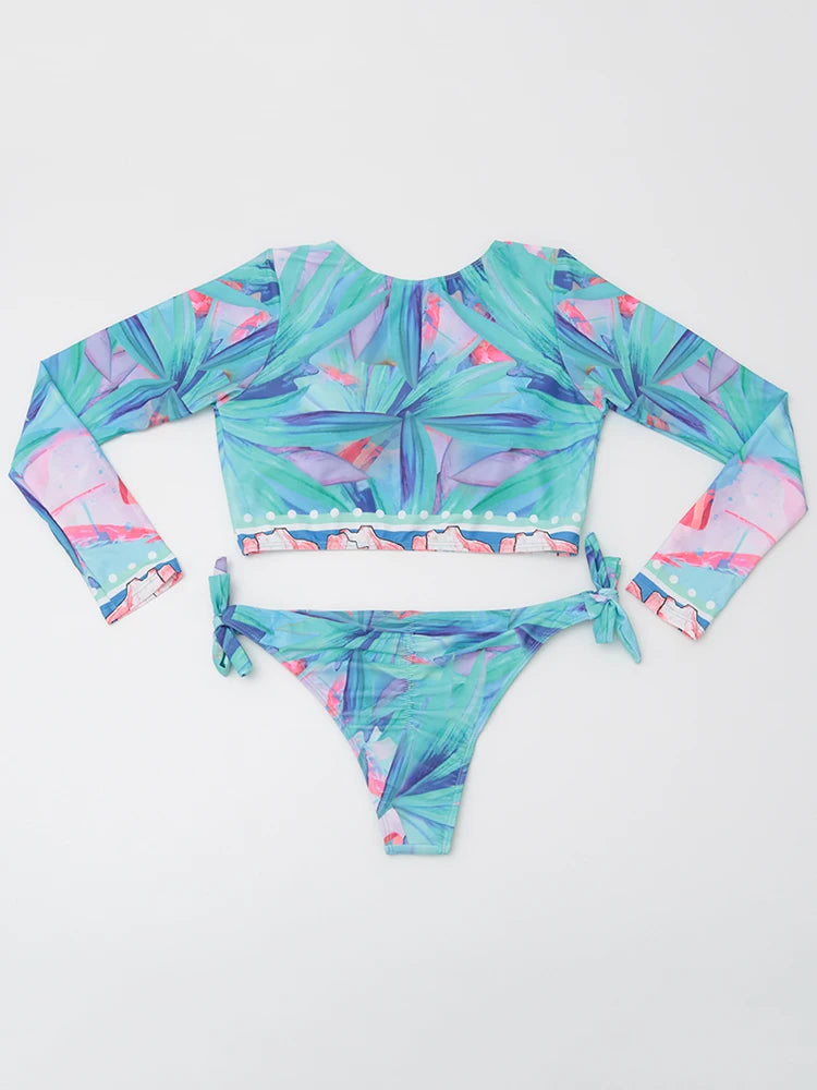 Colour Print Long Sleeve Swimwear Women Swimsuit Female Two Pieces Bikini Low Waist Bathing Suit Beachwear Swimming Suit
