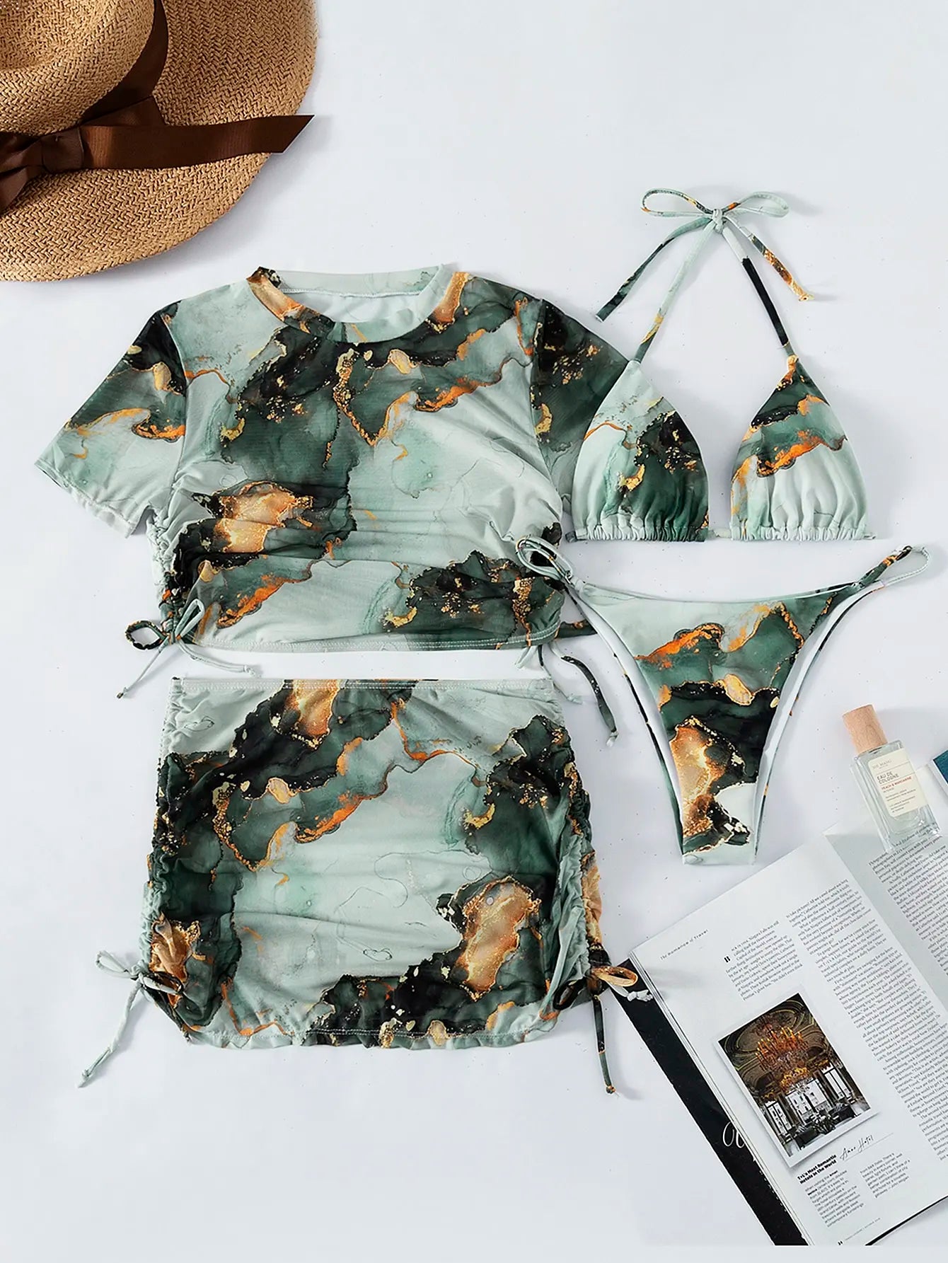 4 Pieces Halter Bikini Swimsuit With Marble Print Cover Up Swimwear Female Beachwear Bathing Swimming Suit Women Summer