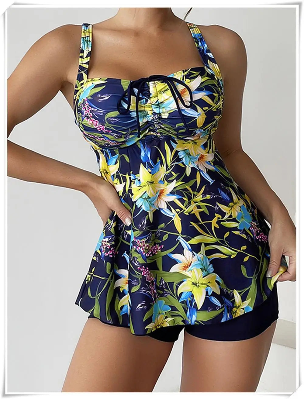Drawstring Tankini Set Two Piece Swimsuit Short Women Floral Printed Swimwear Female Bathing Suit Beachwear Swimming