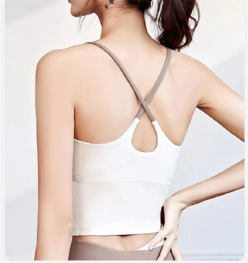 PofyBofy Build-in Bra Yoga Crop Top Sleeve Gym Tank Top Women Workout Bra Tanks Fitness Bra Tanks Yoga Crop Tops Crisscross Back