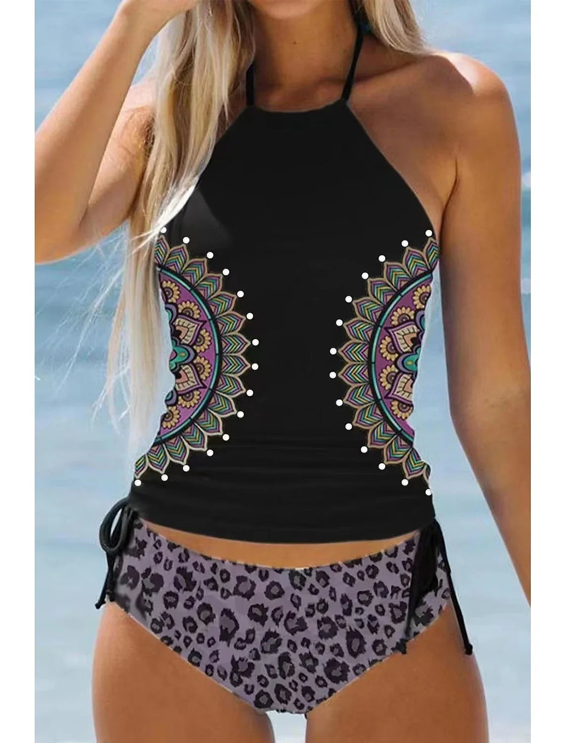 Women's Double Strap Swimsuit Comfortable Vacation Beach Tankini Short Dandelion Print Bikini S-6XL