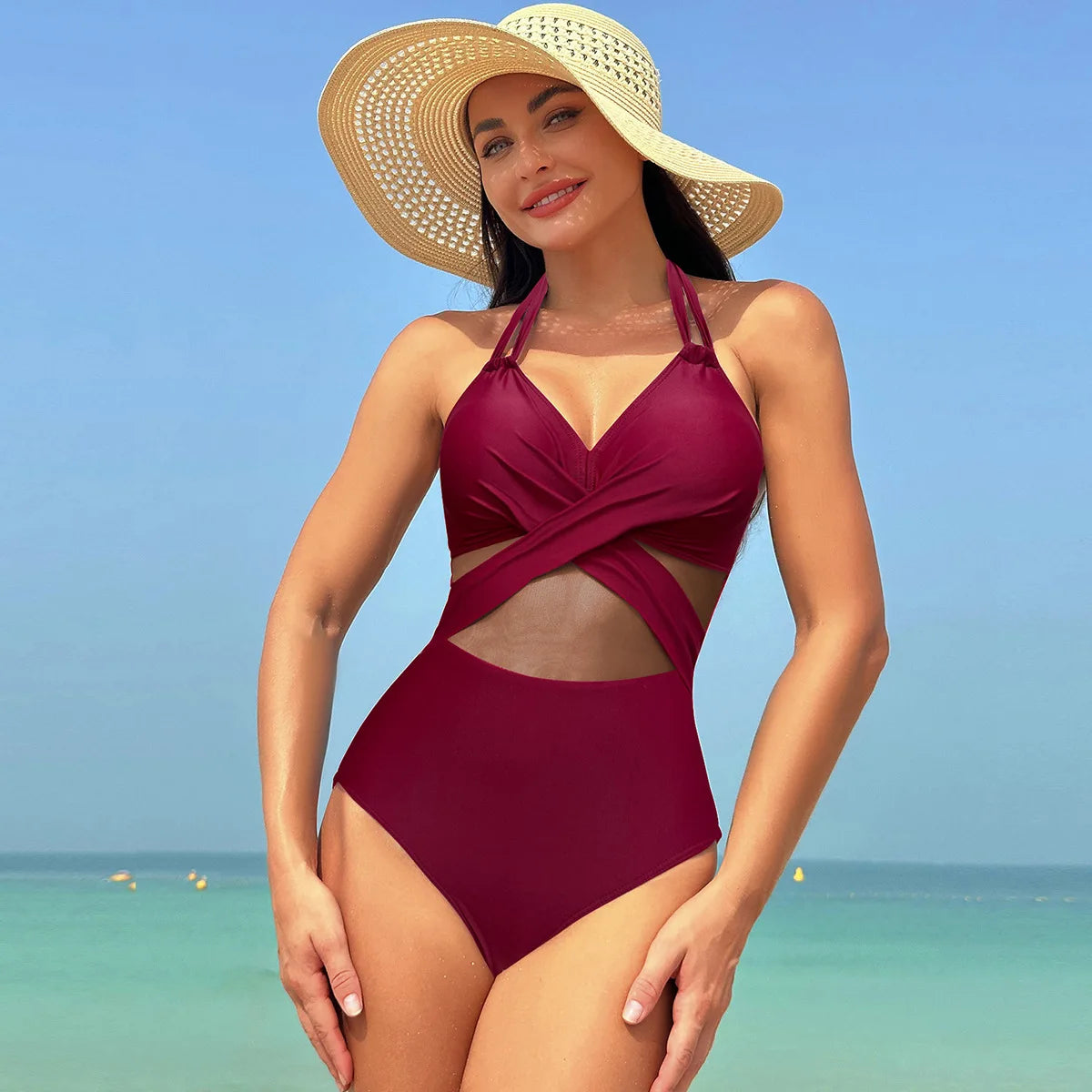 Pure Color Mesh Bikini Swimsuit One Piece Swimsuit Women's Summer
