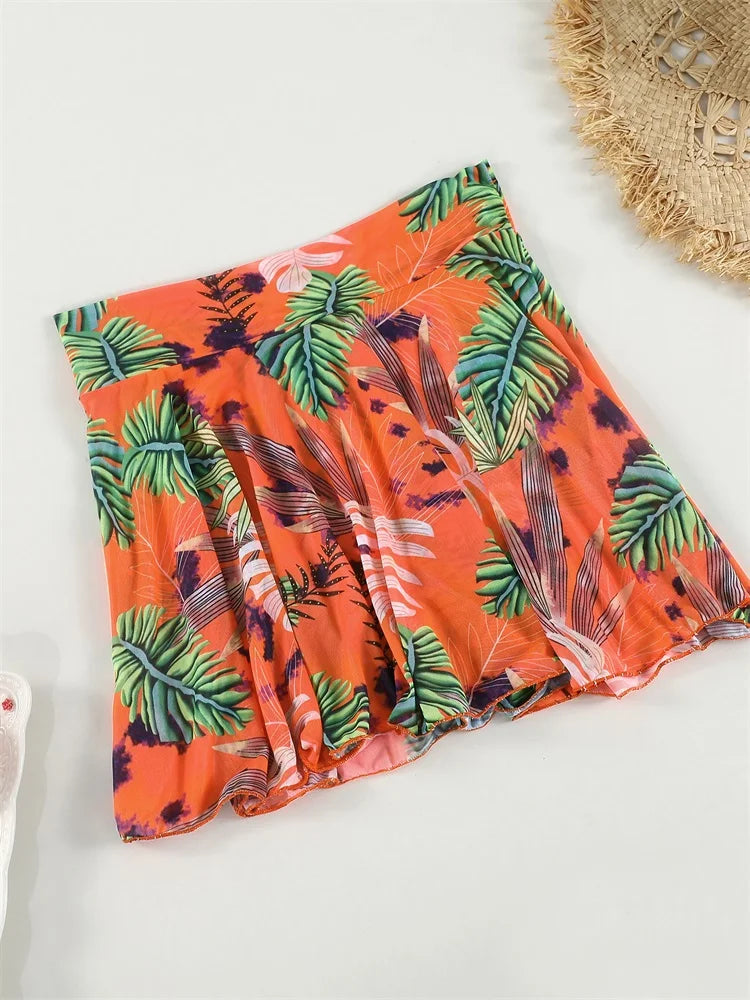 Halter Bikini Swimsuit Push Up Swimwear Bandage Women Plant Print Bath Suit Beach Cover Up Summer