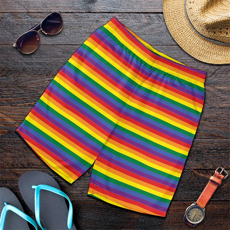 Rainbow Stripes & Marble Swirls Harajuku Short Pants Men 3D Printed Hawaii Swimsuit Trunks Summer Swimming Beach Shorts Breath Sport Gym Ice Shorts