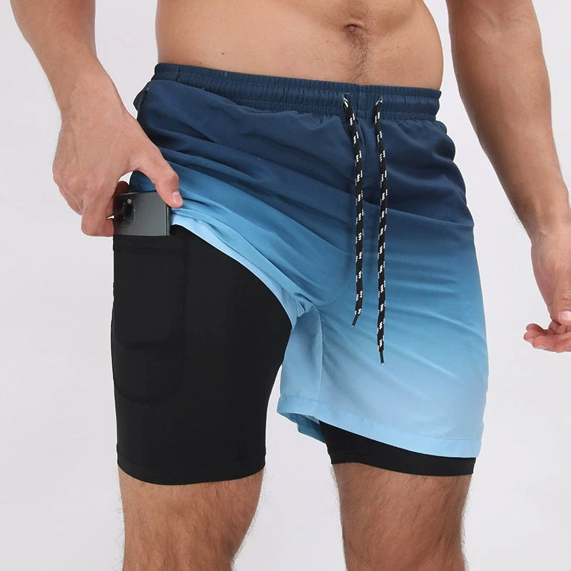 Summer Men's Surfing Swimwear Short Pants Fitness Exercise 2+1 Double Layer Beach Printed Shorts Male Sports Clothing